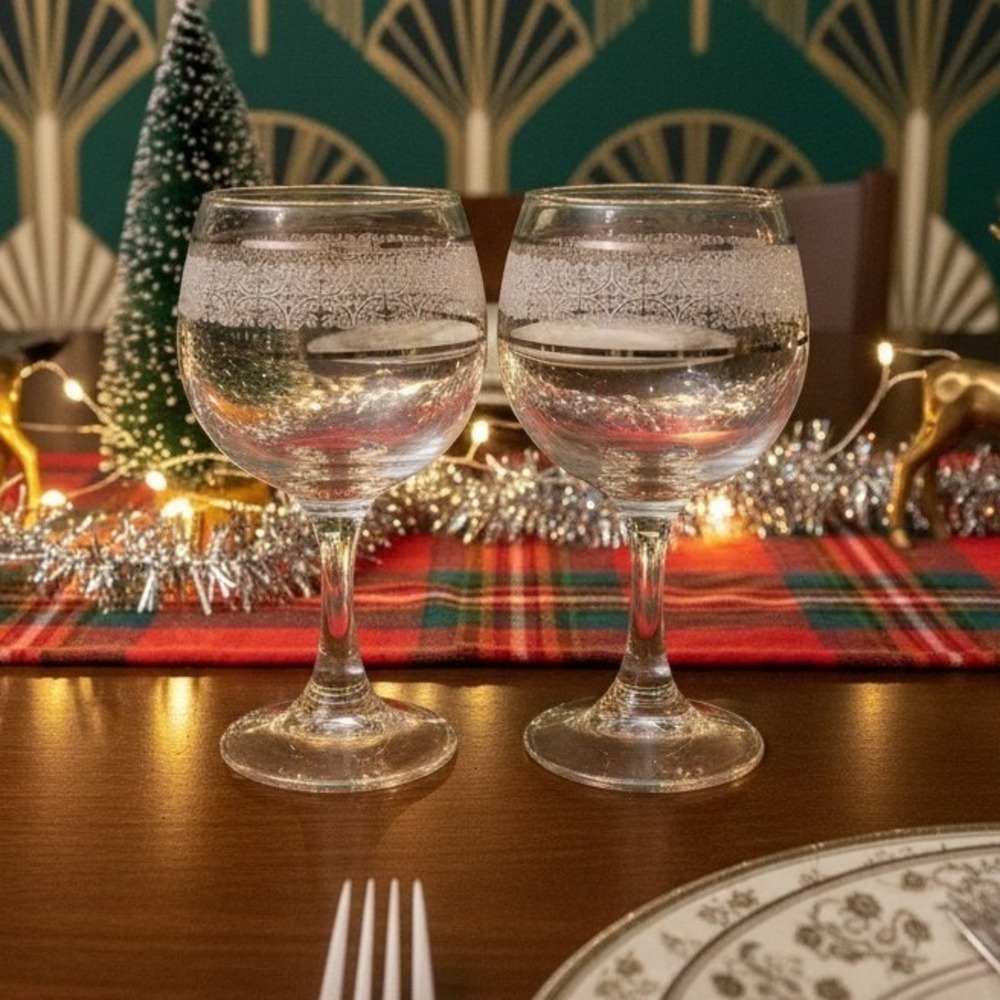 Art Deco Wine Glasses, Set of 2, Frosted Band & Silver Trim, Holiday Stemware